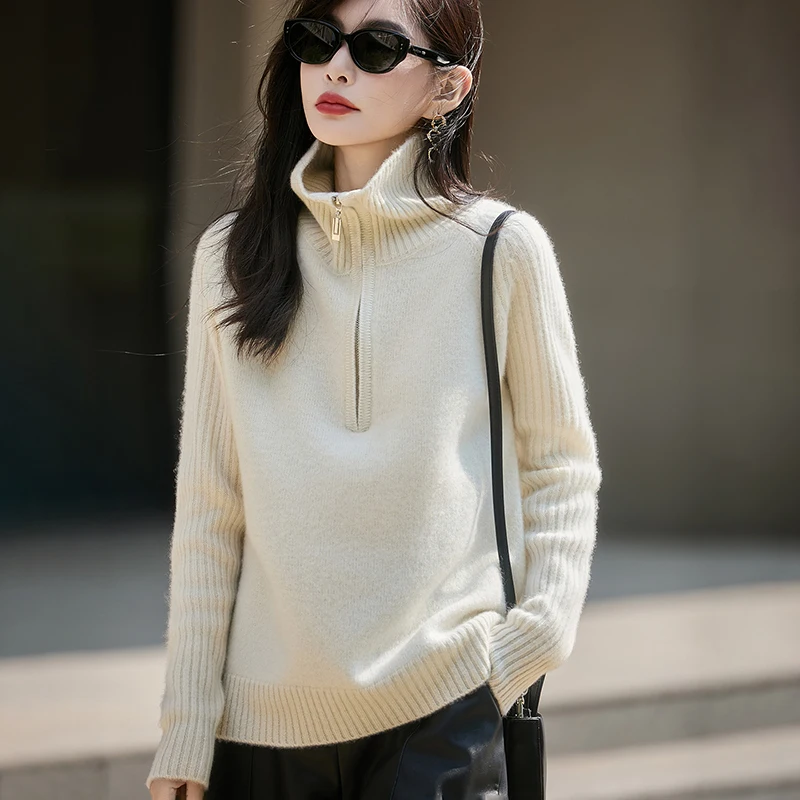 Damski sweter z wełny na jesień i zimę, z kołnierzem i zamkiem błyskawicznym, jednolity kolor, luźny i miękki, wysokiej jakości top.