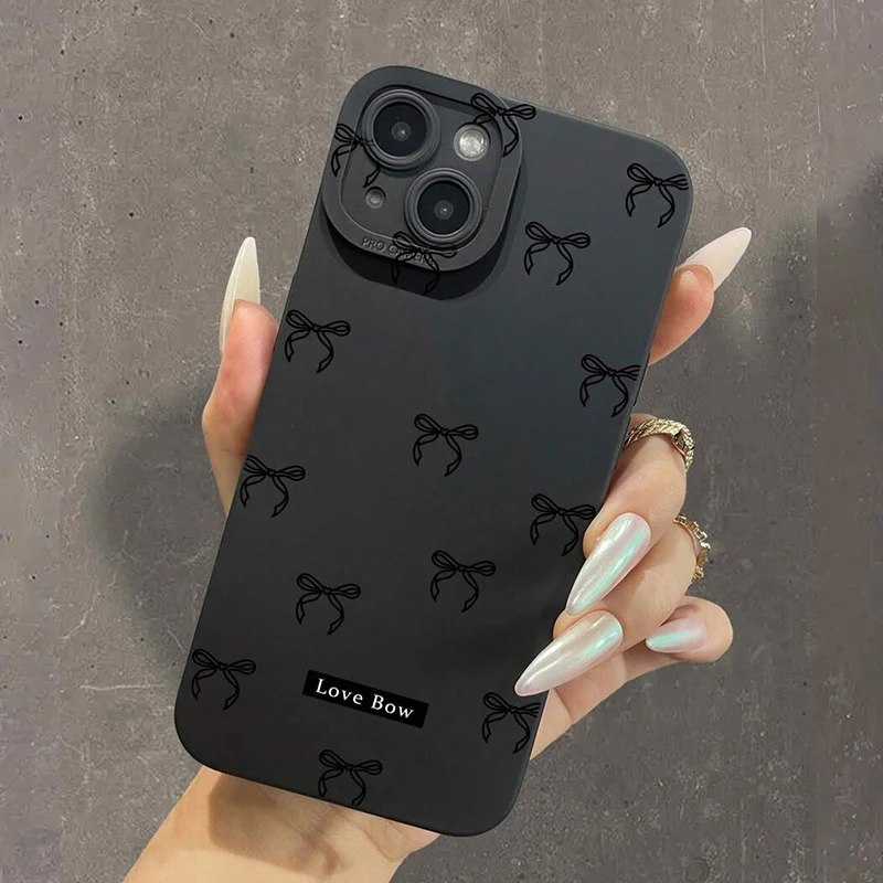 Phone Case For iPhone 16 15 14 Pro Max 11 12 13 Pro Max Mini 7 8 Plus XR X XS Max SE 2 Black Bow Print Silicone Shockproof Cover