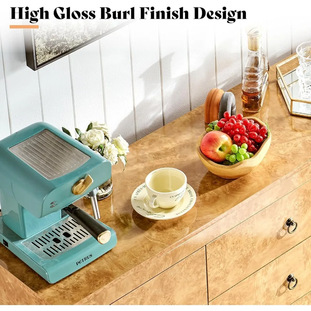 خزانة تخزين جانبية لبوفيه عالي اللمعان مقاس 60 بوصة، وخزانة جانبية خشبية كبيرة مع أدراج، ومقابض قديمة. وطاولة بوفيه بار النبيذ