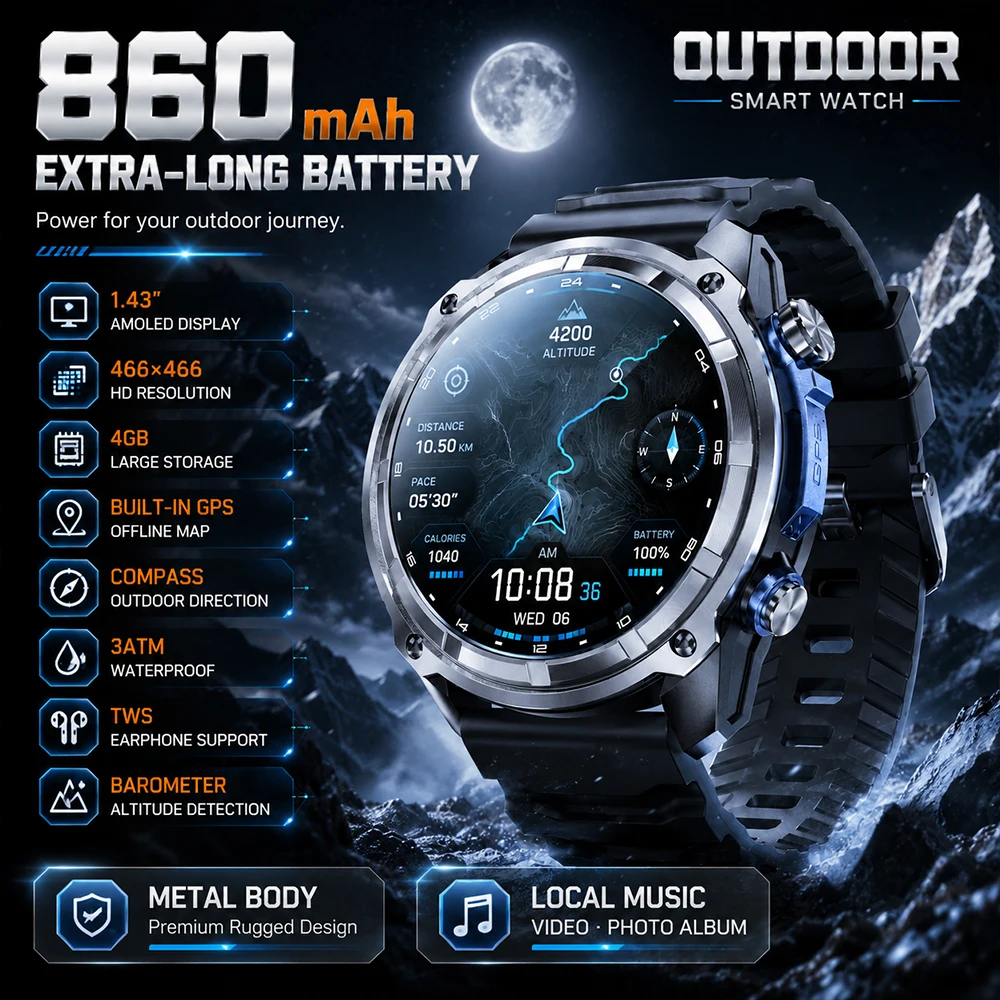 2026 New GPS Smart Watch Men Built-in Offline Map Compass 3ATM Waterproof Outdoor Sports Watch Hiking Climbing Fitness Tracker