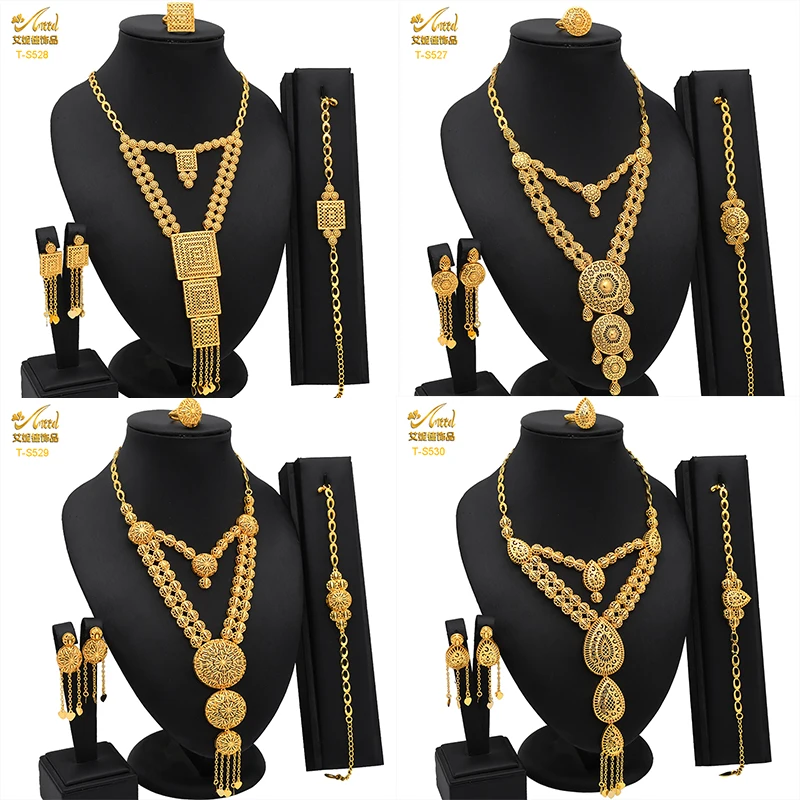 

ANIID Dubai Copper Gold Plated Necklace Bracelet Jewelry Set Hawaiian Arab Middle East Choker Pendant Set Wedding Party Gift