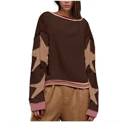 Star Sticker Patchwork Plus Size Hoodie Women Round Neck Drop Shoulder Long Sleeved Pullover Autumn Loose Casual Sweatshirt