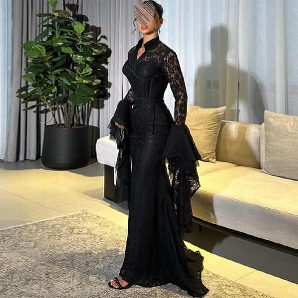 

Modern Lace Long Sleeves Evening Dress Elegant V-Neck Customized Prom Dresses Temperament Sweep Train Special Occasion Gowns