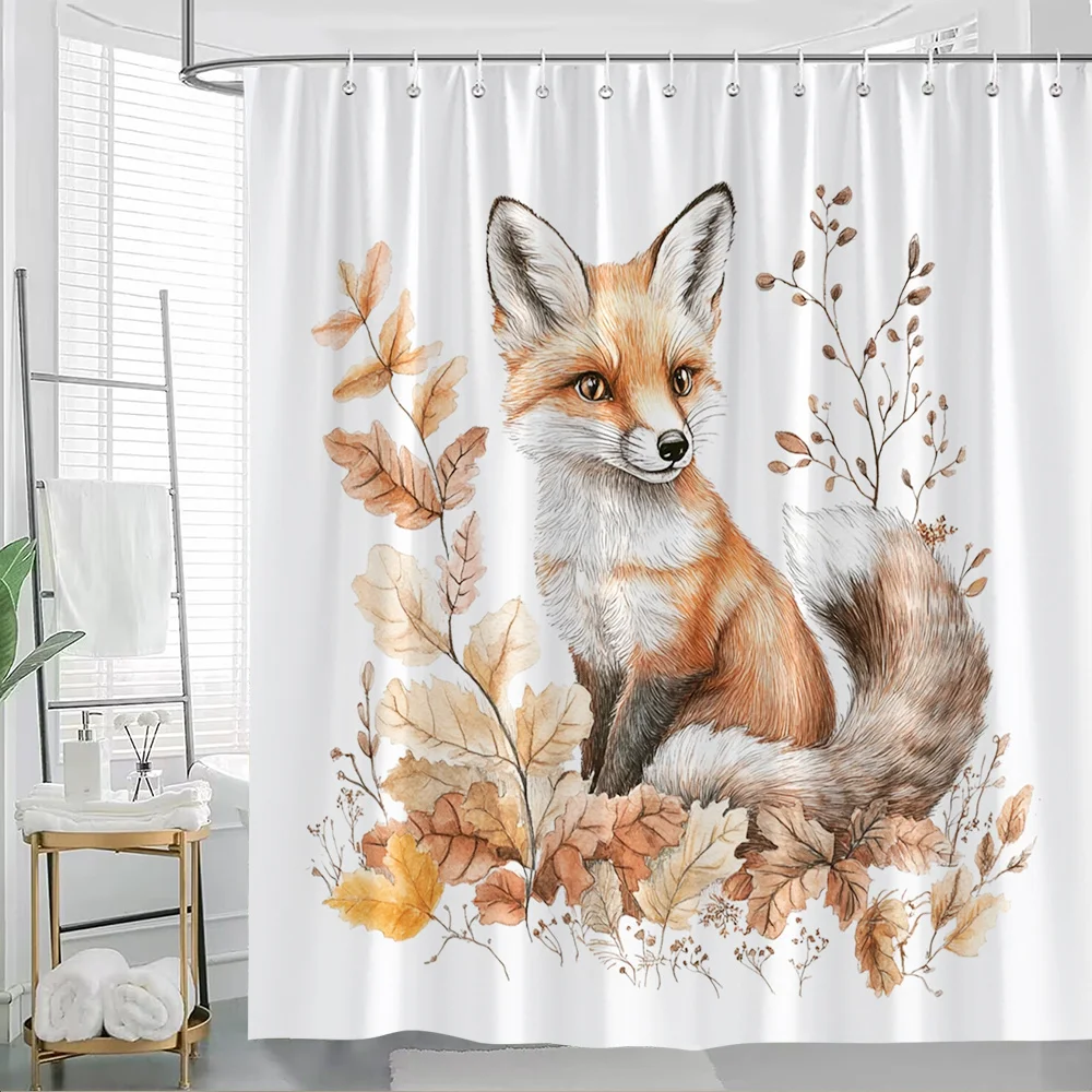 

1pc Autumn Fox Shower Curtain - Cute Fox in Fall Leaves Nature Theme, 70.8x70.8 Inch, Polyester, Machine Washable, with 12 Hooks