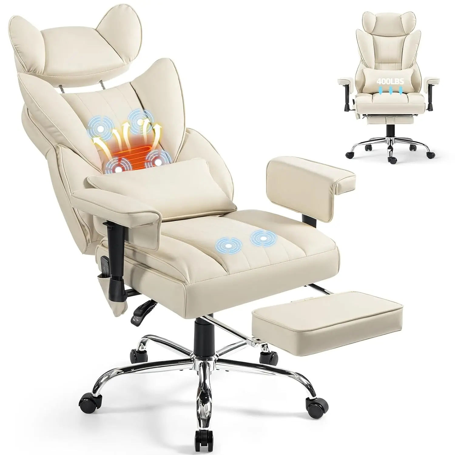 6 Points Massage Heated Home Office Chair with Foot Rest, Beige