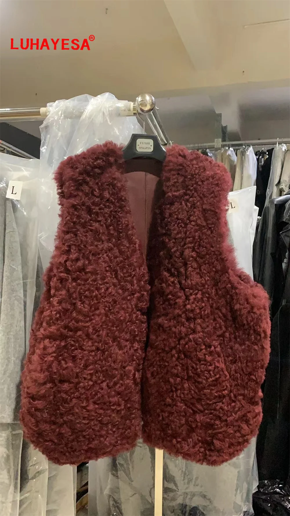 2024 Mosna Curled Fur Shearling Vest Women Wine Red Top Vests Real Fur Clothes