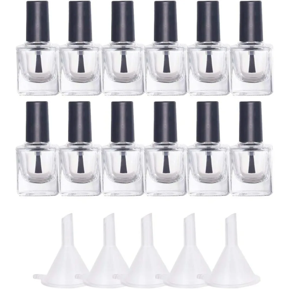 12PCS 10ml Empty Nail Polish Bottles Transparent Glass Nail Varnish Bottles with Brushes 5PCS Funnel Hopper