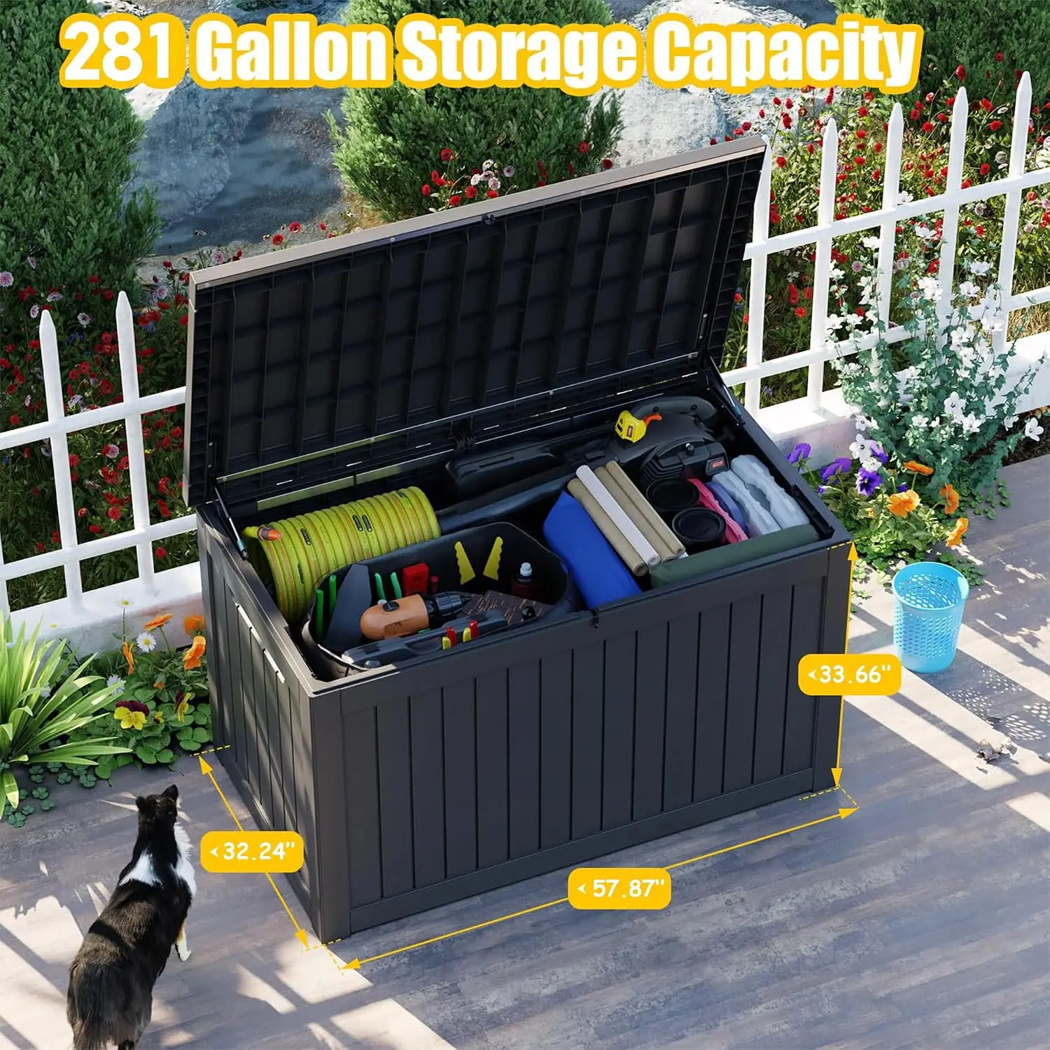281 Gallon Outdoor Storage Box Waterproof, Large Resin Patio Deck Boxes, Lockable Outdoor Storage Container for Patio Furniture