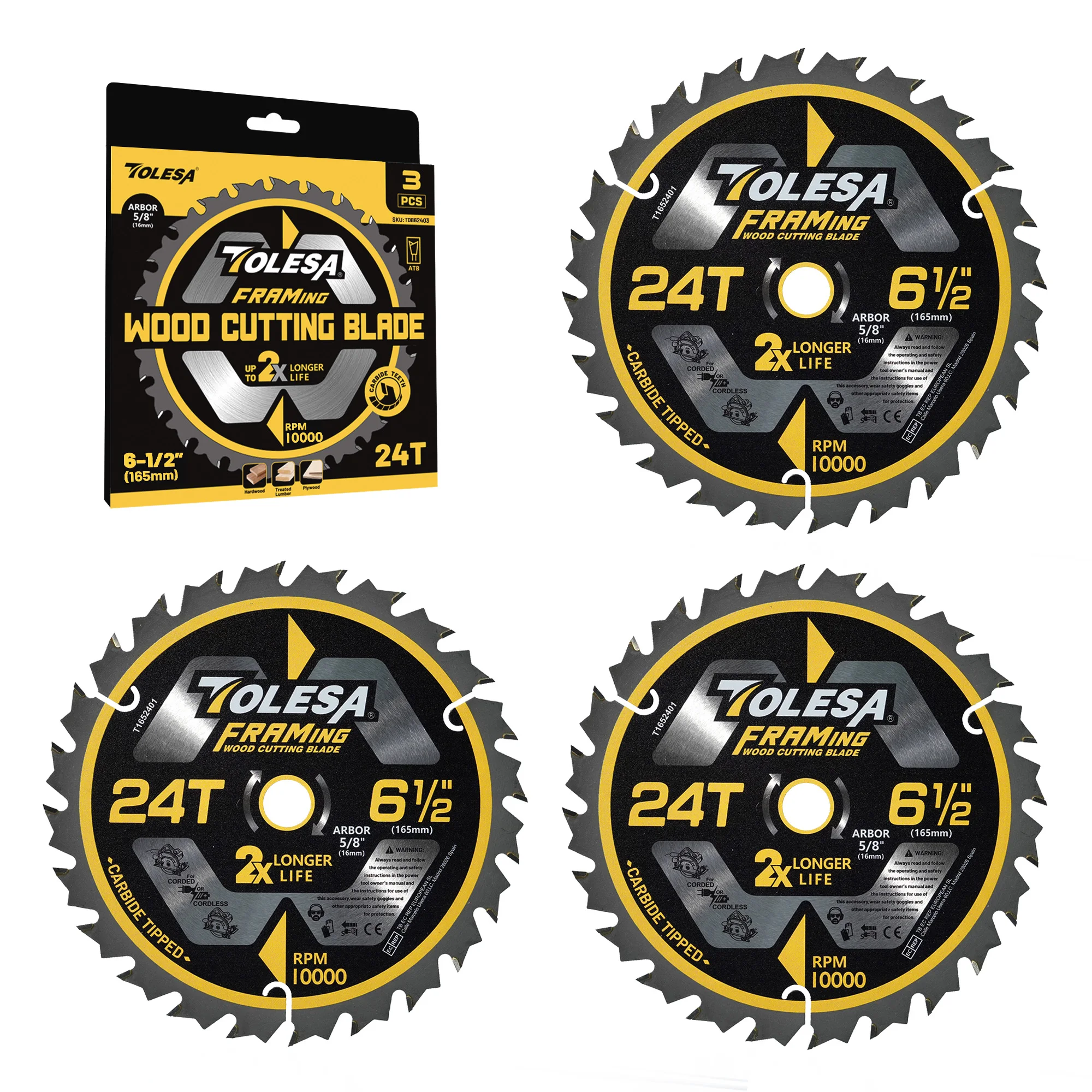TOLESA 1/3PC 6-1/2 Circular Saw Blades, Wood Cutting Framing Saw Blade, Cutting Disc for Wood, Plywood, Hardwood, Laminate, MDF