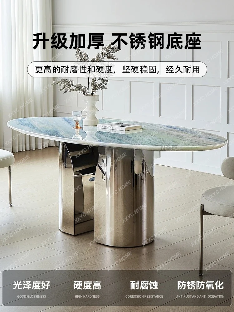 Blue Crystal Luxury Stone Dining Table Translucent  Style Light Luxury Pure Natural Marble Oval Table