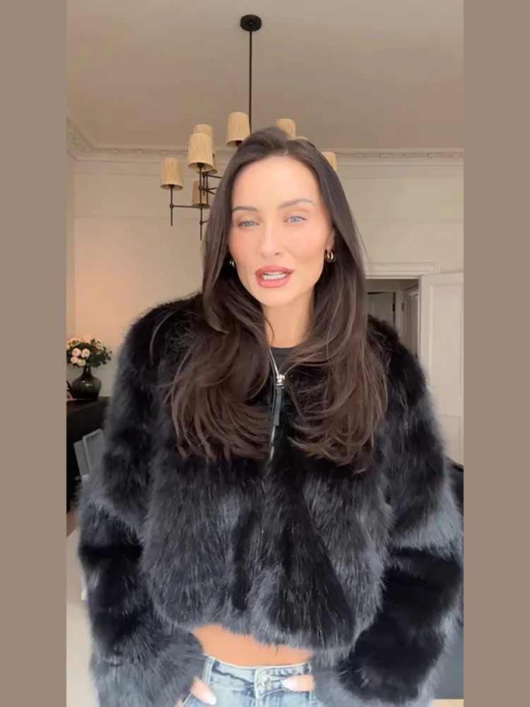 2025 herbst Winter Chic Schwarz Faux Pelz Hoody Frauen Mantel Casual Langarm Reißverschlüsse Weibliche Outwear Elegante Kurze Dame Outwear