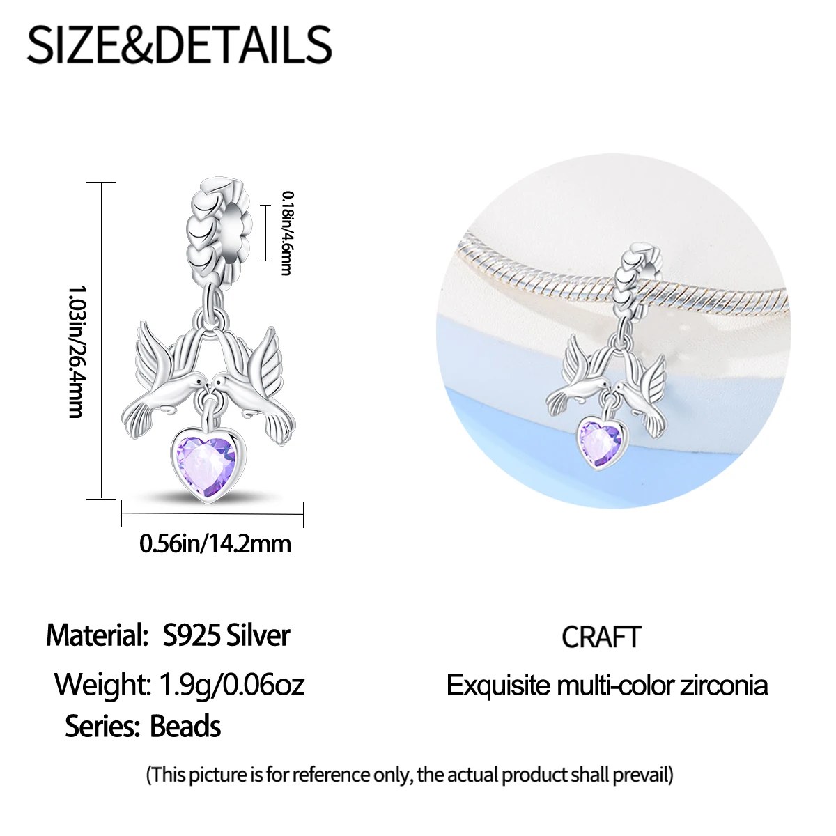 Hummingbird Pair Purple Heart Dangle Fit Original 925 Charms Bracelet Beads Sweet Togetherness Love Jewelry Gifts for Women