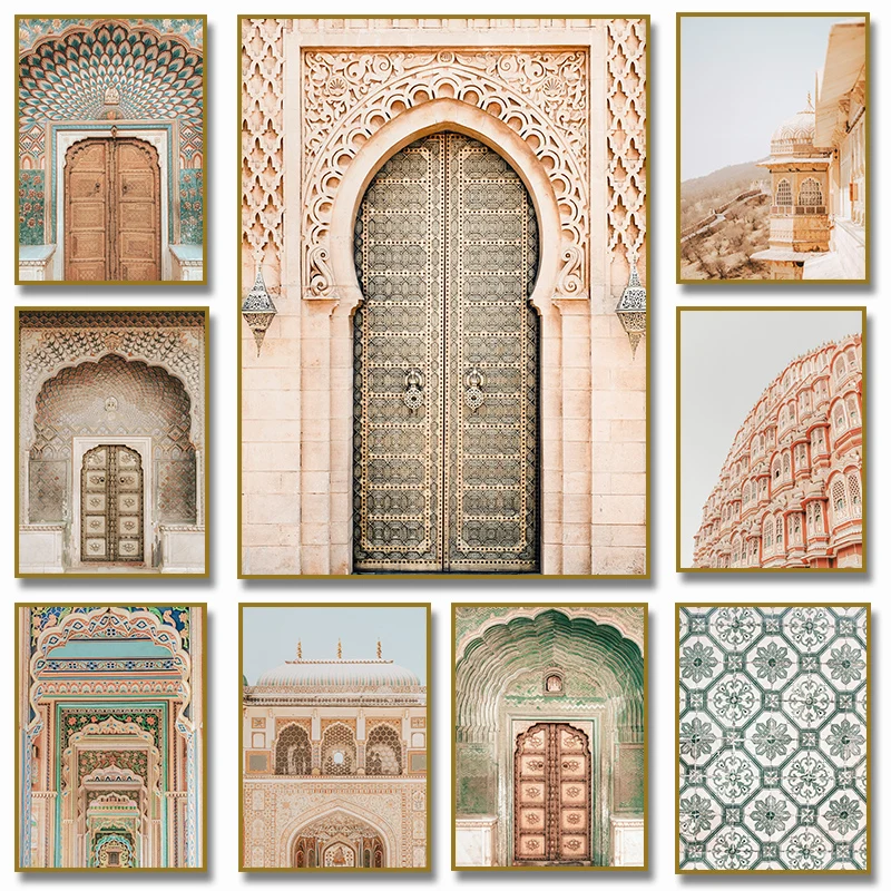 Morocco Door Indian Architecture Travel Poster Print Gallery Islamic Wall Art, Marrakech Boho Canvas Painting Home Decor Gift