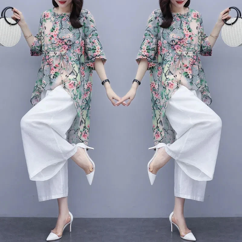 Single/Sets 2024 Summer New Female Korean Fashion Two Piece Overpants Casual Top Chiffon Wide Leg Pants Set For Women