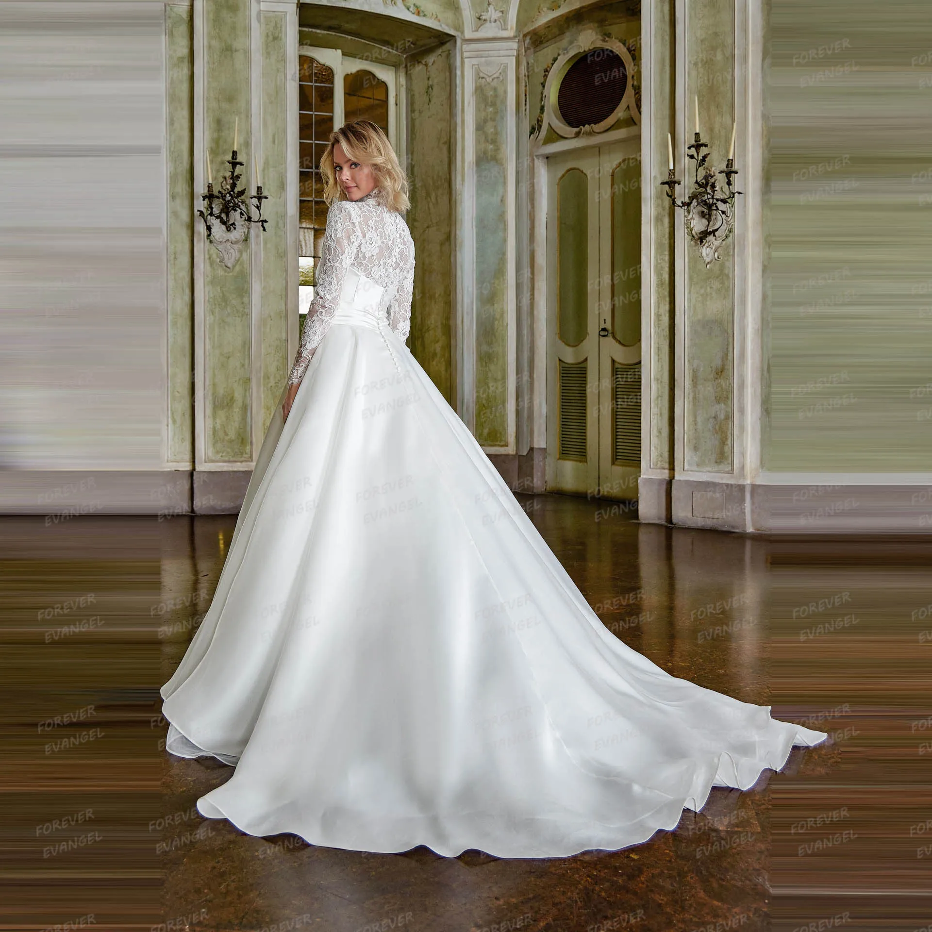 فساتين زفاف فاخرة ومثيرة على شكل حرف A للنساء من الساتان برقبة عالية من الدانتيل فساتين العروس بأكمام طويلة حفل رسمي مخصص فيستدوس دي نوفيا