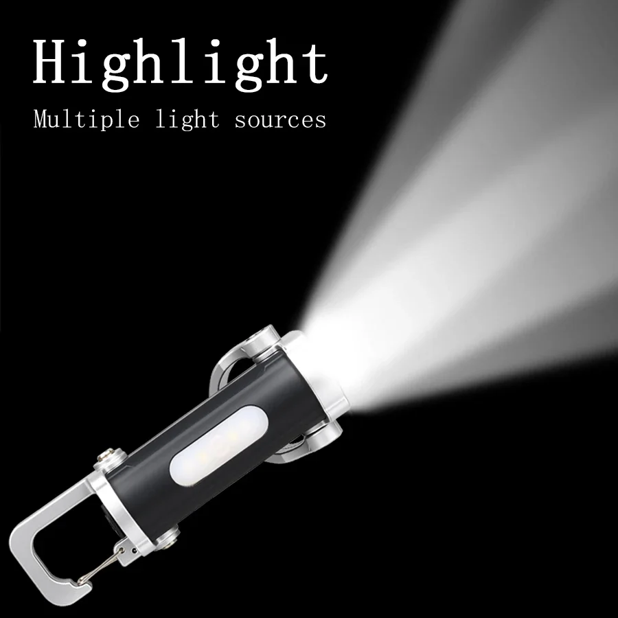 Rechargeable Keychain Flashlight,Multi Modes COB LED,Portable Hook,Type-C,Emergency Light,Red Blue Warning,Camping,Outdoor,EDC