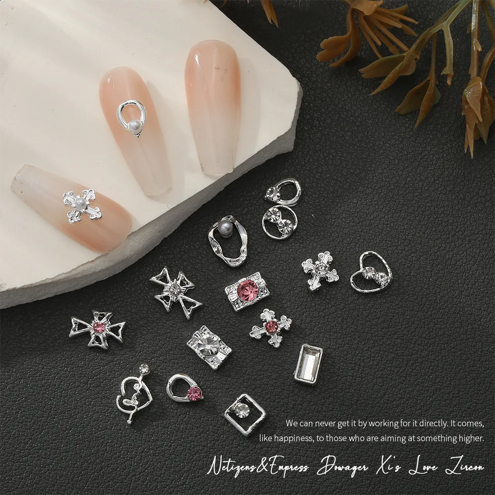 Pink Diamond Hollow-Out Heart Alloy Nail Art Accessories Simple Metal Geometric Cross Three-Dimensional Nail Rhinestones