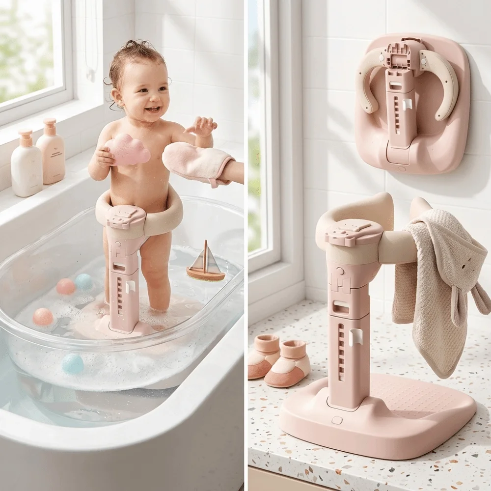 Safe Foldable Baby Bath Support Non-Slip Portable Bath Frame Adjustable Height Sturdy Bathing Helper Bathroom Use
