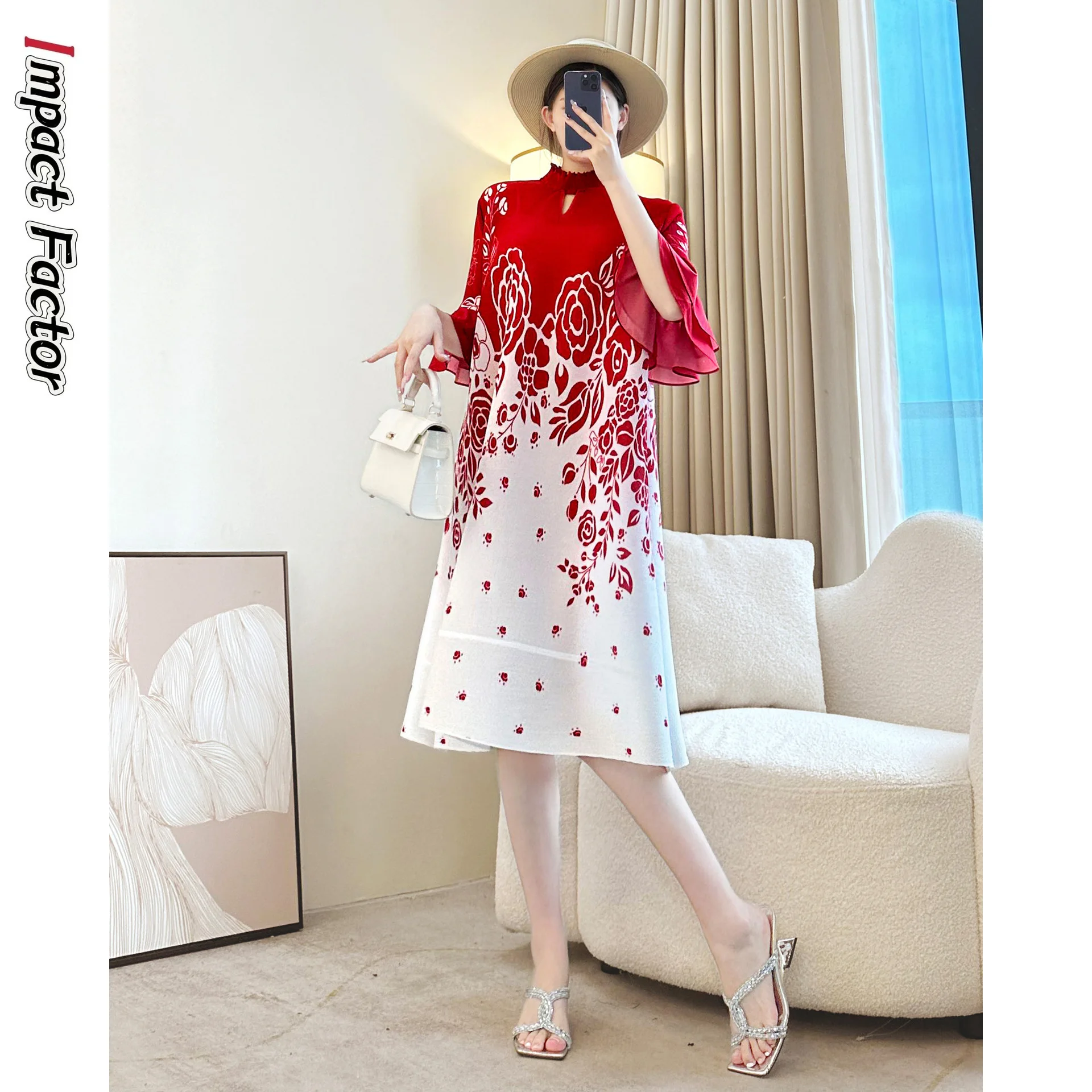 

Miyake Style Pleated Dress for Women 2025 New Fashion Printed Stand Collar Short Sleeve Large Size Elegant Pleated Long Skirt