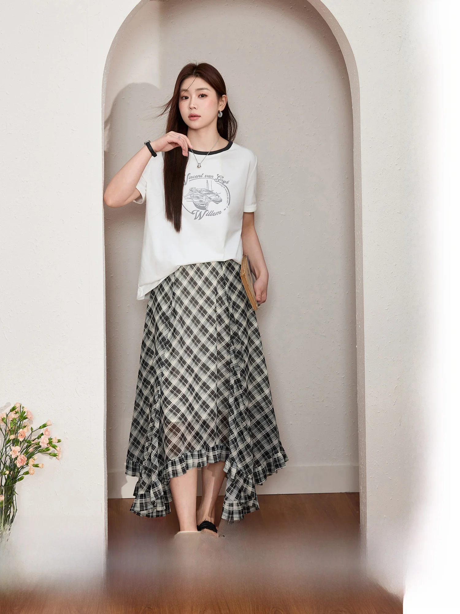 

Van Gogh Collaborative Large Size Women's Printed ort Sve T-irt American Plaid Skirt Summer Two-Piece Set