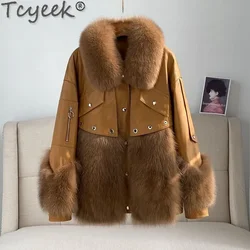 Tcyeek Winter Warm Real Fur Coat 23 Women's Genuine Leather Jacket Sheepskin Patchwork Fox Fur Coats Woman Fashion Loose Jackets