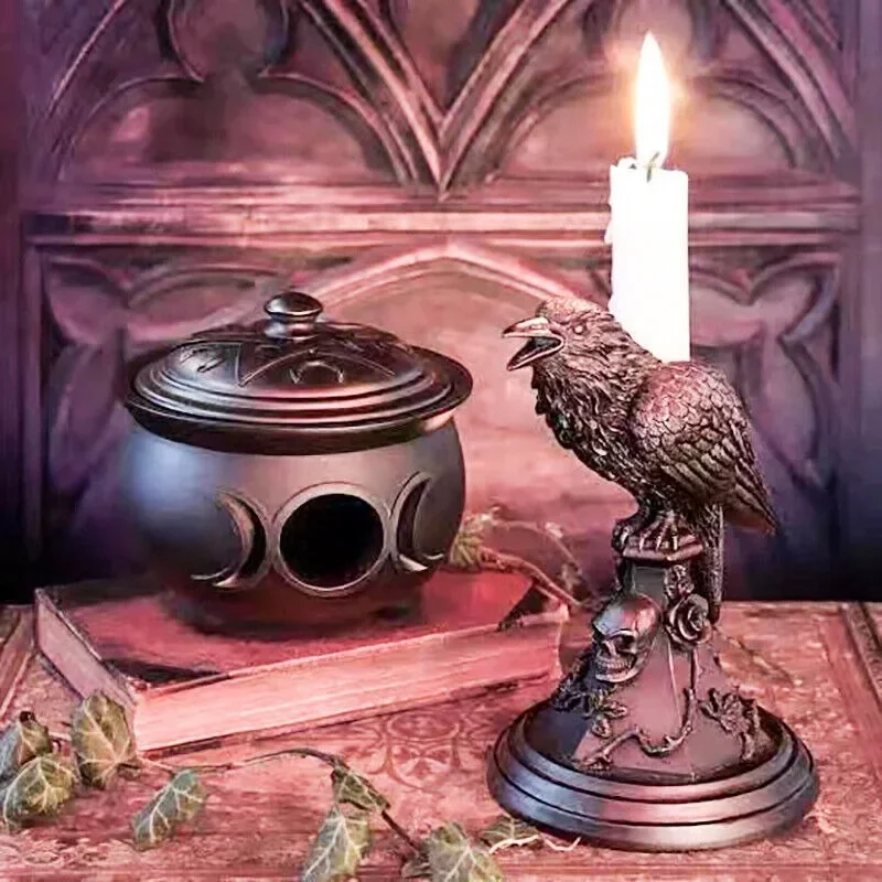 Halloween Gothic Style Owl Raven Candle Holder Craft Tabletop Ornament Halloween Candle Holder Candle Holders Decor for Table