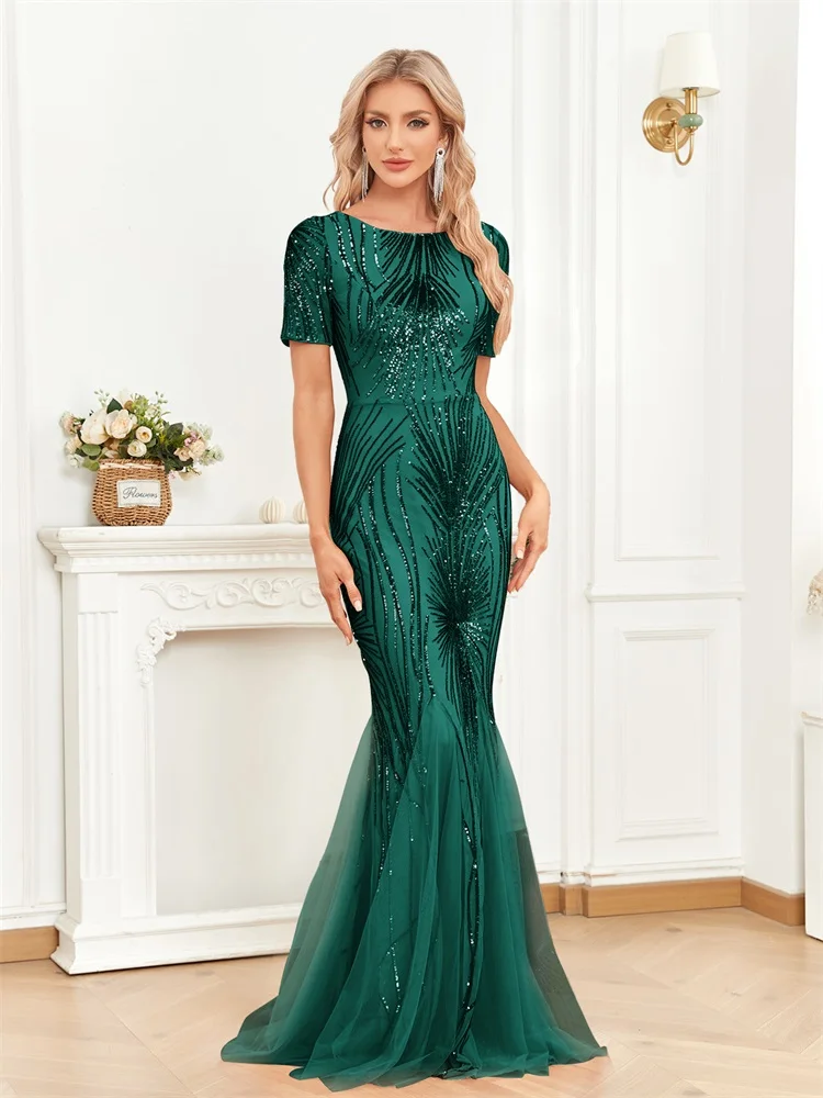 Lucyinlove Elegant Short Sleeves Sequins Green Evening Dress For Women Luxury Mermaid Party Prom Cocktail Gowns Dresses