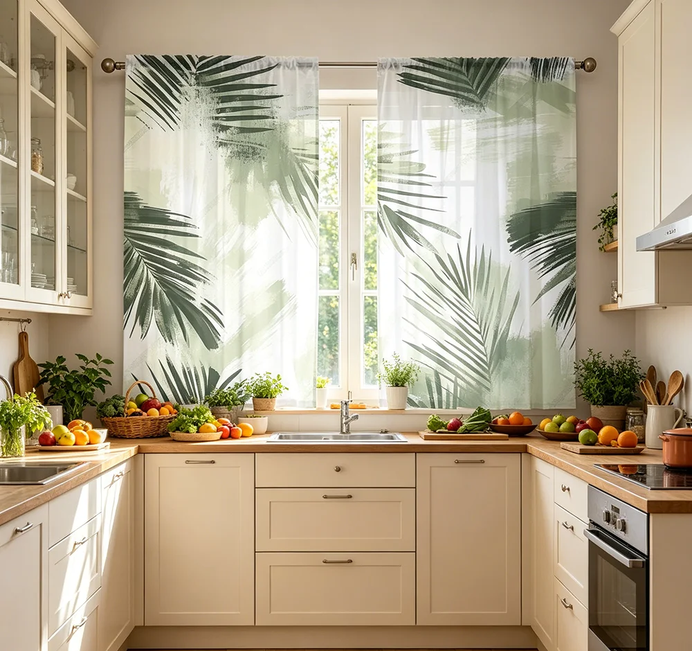 2PCS Digital Print Sheer Curtain, Palm Leaves Brush Strokes Pattern, Artistic Tropical Bohemian Hand Painted Summer Style Decor