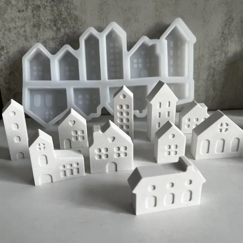 Molde de silicona para casa pequeña de estilo nórdico 3D, moldes para velas de casa de 10 agujeros, Mini casas, molde de cemento de hormigón y yeso,