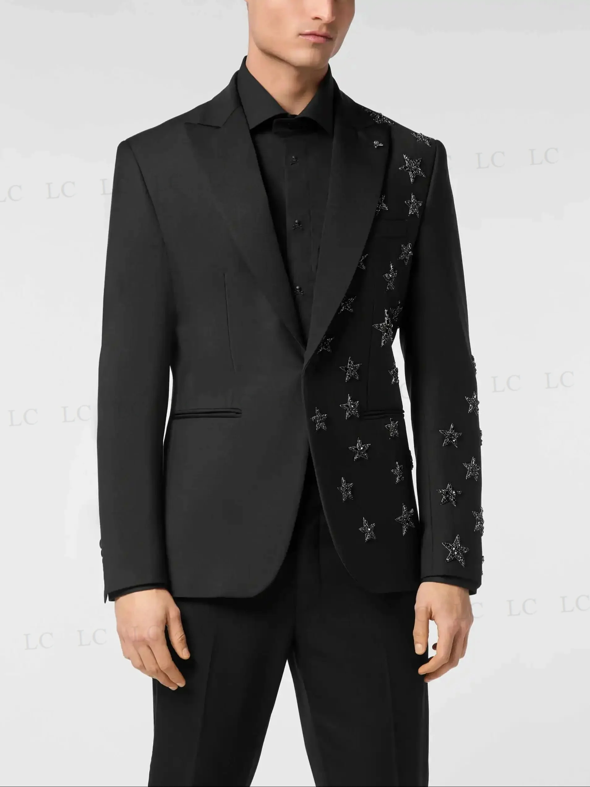 Stars 2 Pieces Men Suits Blazer Pants One Button Tailored Uniform Plus Size Formal Prom Sparkly Appliques Party Wedding Groom