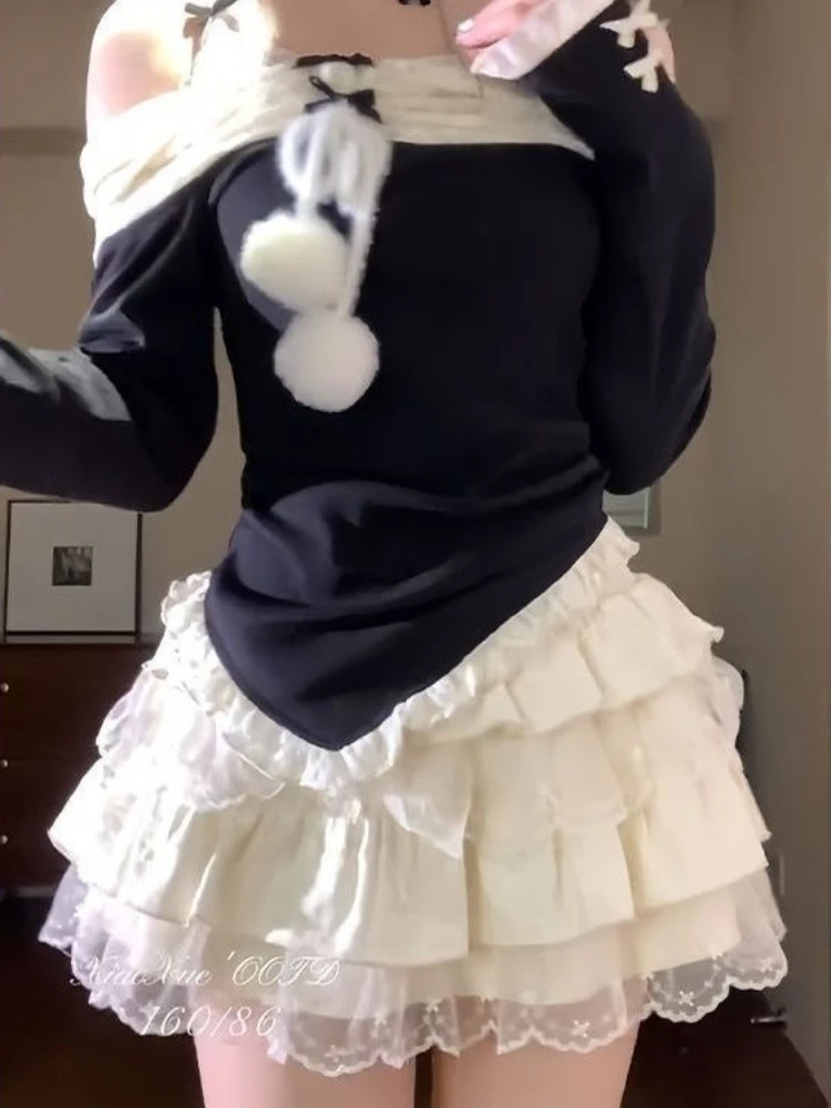 

Корейский комплект из 2 предметов в стиле Pure Desire, топы с открытыми плечами + милая утягивающая кружевная юбка-тортик, осень 2024, новые модные наряды