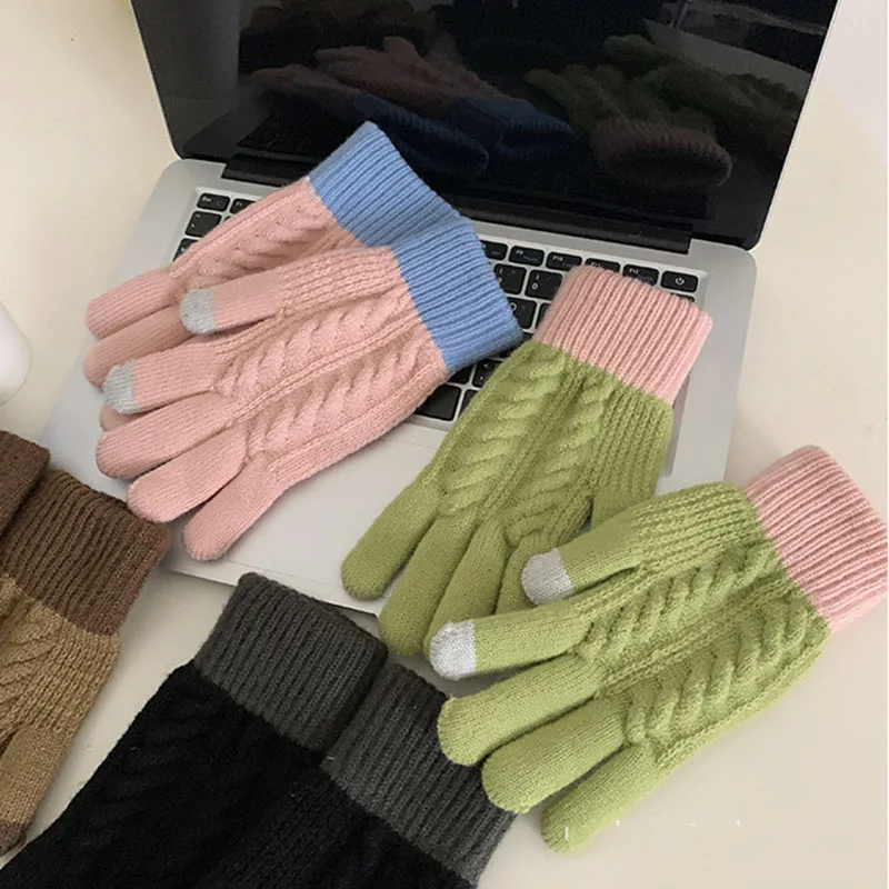 Fashion Color Block Winter Knitted Gloves Touch Screen High Quality Mitten Thicken Warm Cashmere Two-tone Gloves for Men Women