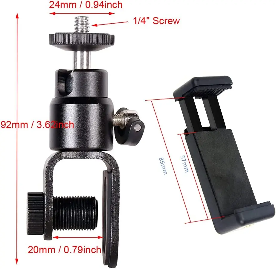 U-Shaped Clamp Mount with Phone Holder, Clip On Mount with 1/4" Screw Ball Head Adapter for Ring Light, Laptop Computer, Webcam