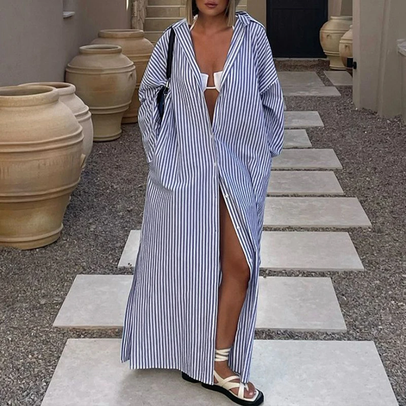 OMSJ 2024 Loose Fit Trendy Striped Contrasting Maxi Shirt Dress For Women Casual Single Breasted Full Sleeve Elegant Laple Dress