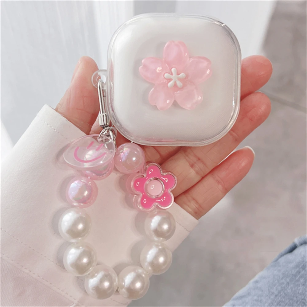 Kawaii Cute 3D Pink Sakura Earbuds Headphones Soft Case For Samsung Galaxy Buds Live With Keychain Case For Samsung Buds 2 Pro