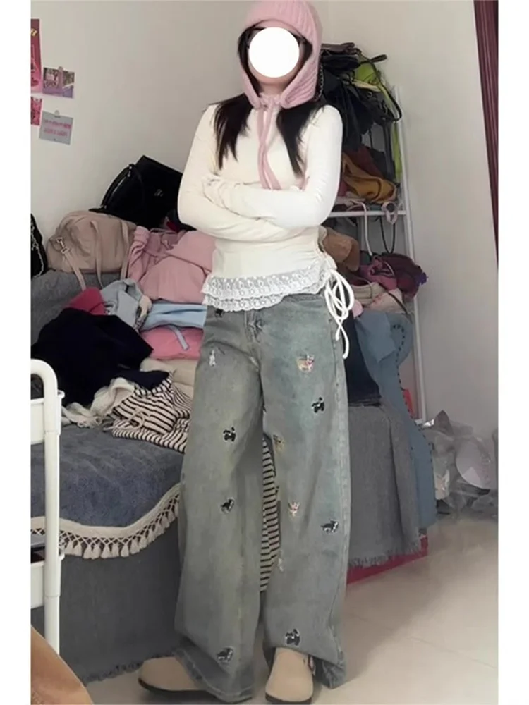 Large Size American Retro Dog Embroidery Waed Denim Pants Women's Autumn New High Waist Straight Leg Loose Floor-Length Jeans