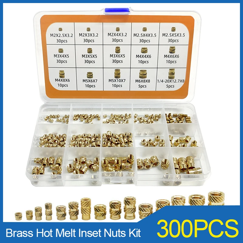 300PCS M2 M2.5 M3 M4 M5 M6 1/4 Brass Hot Melt Inset Nuts Assortment Kit Double Twill Copper Knurled Injection Brass Nut Set