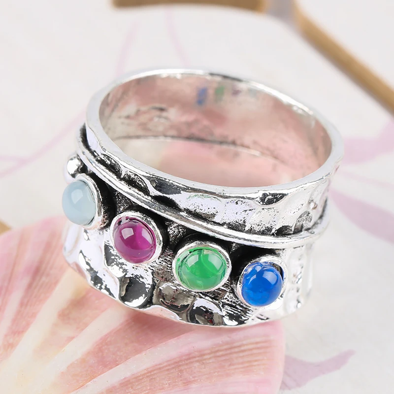 Vintage Colorful Stone Rings for Women Gothic Chunky Knuckle Finger Ring Men\'s Punk Silver Color Party Retro Jewelry Gift