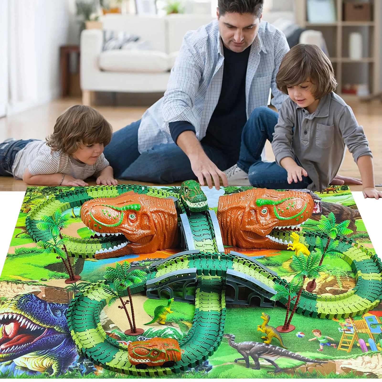 Juguetes de dinosaurios para niños, crea tu propia pista de carreras del mundo de dinosaurios, pistas de carrera flexibles para niños y niñas de 3 4