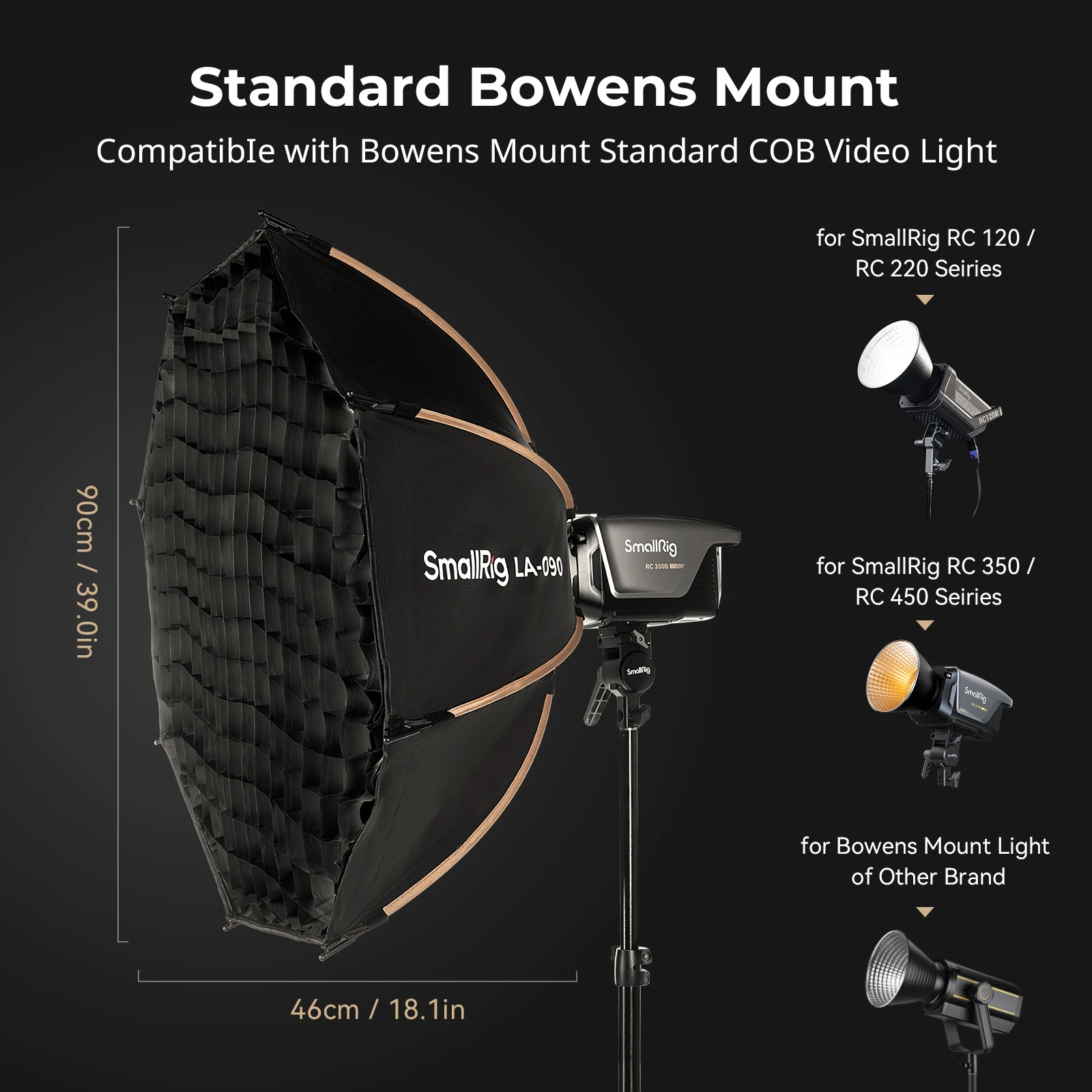SmallRig LA-O90 Softbox مثمن لـ Bowen COB Light مع حقيبة حمل شبكة قرص العسل خفيفة الوزن بخطوة واحدة قابلة للطي 4633