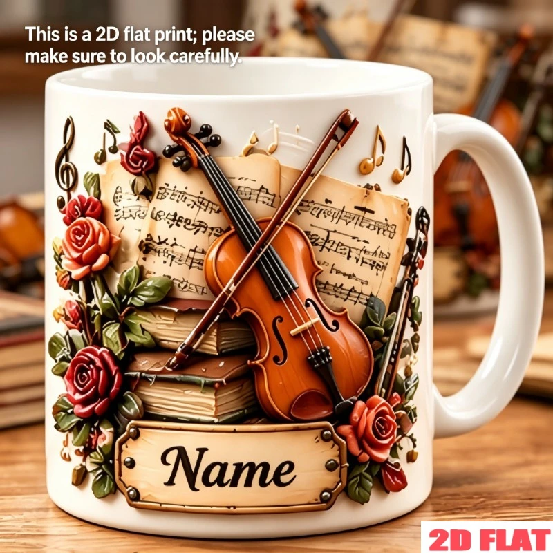 Custom Violin Theme Ceramic Coffee Mug 11oz Personalized Name Text Violin Bow Vintage Sheet Music Print Microwave Safe Gift