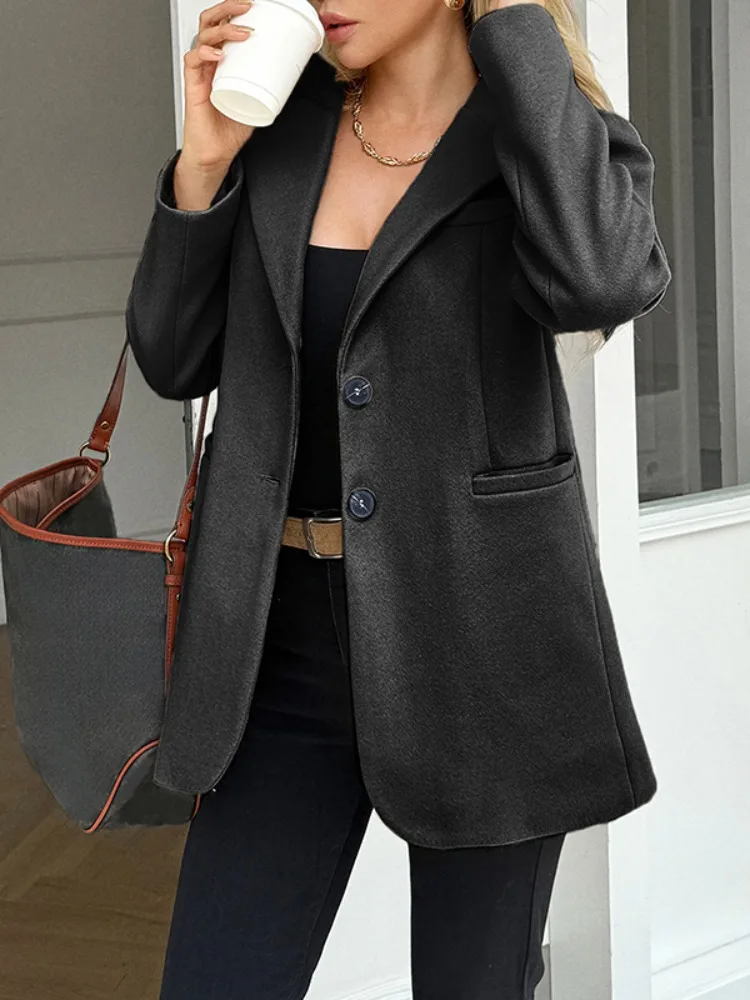 

Lemongor Women's Solid Color Notched Collar Office Work Blazer Jacket Buttoned Pockets Loose Long Sleeves Fashion Outerwear