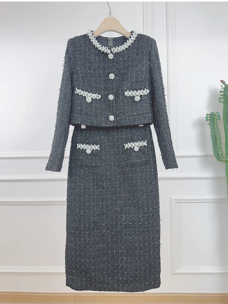 

Брендовый осенний твидовый комплект из двух предметов, короткая куртка из бисера, пальто, оболочка-карандаш, длинные юбки, костюм из 2 предметов, зимняя одежда, длинное платье