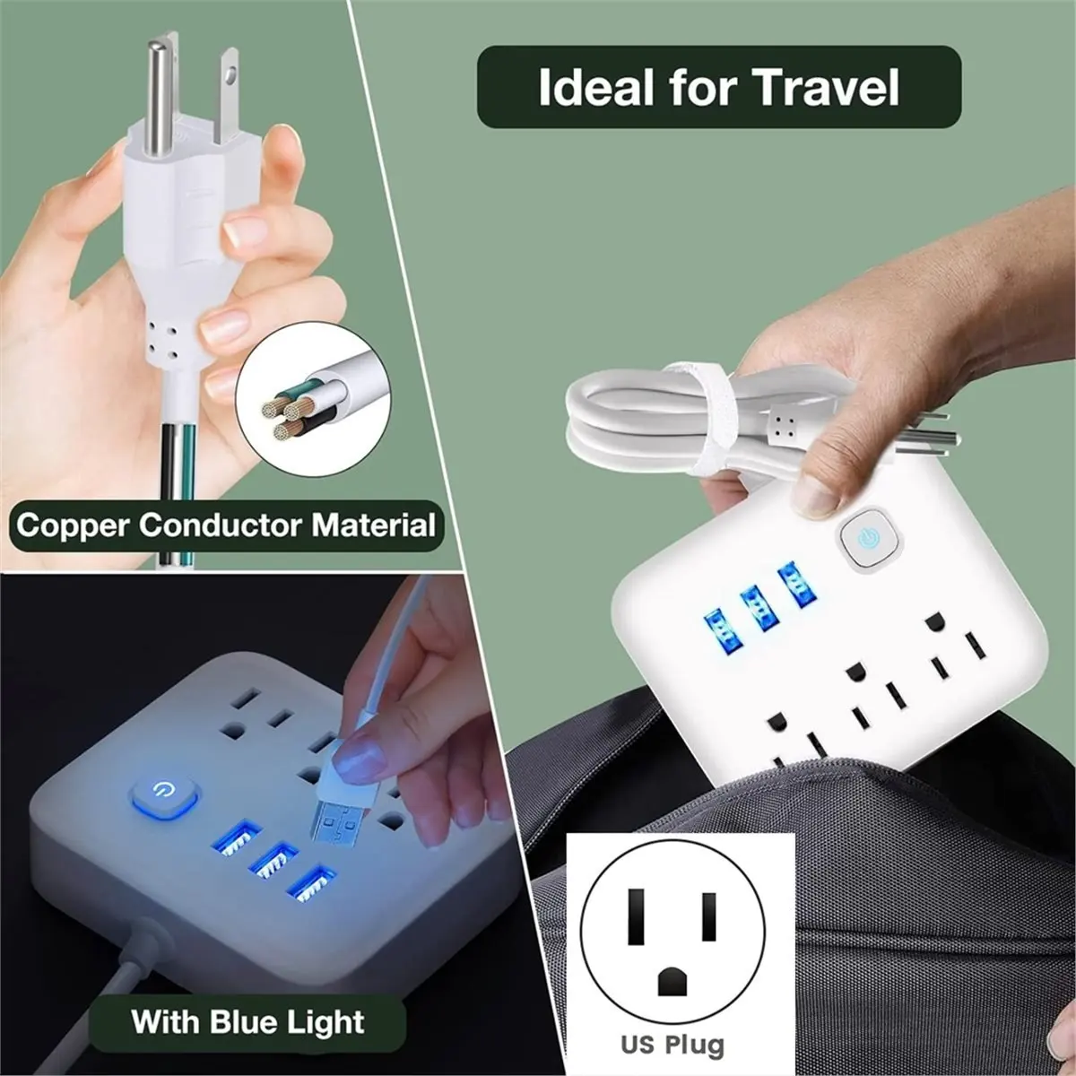 A73T Power Strip with USB Ports,Travel Power Strip,1.2M Surge Protector Desktop Charging Station Small Portable Extension US