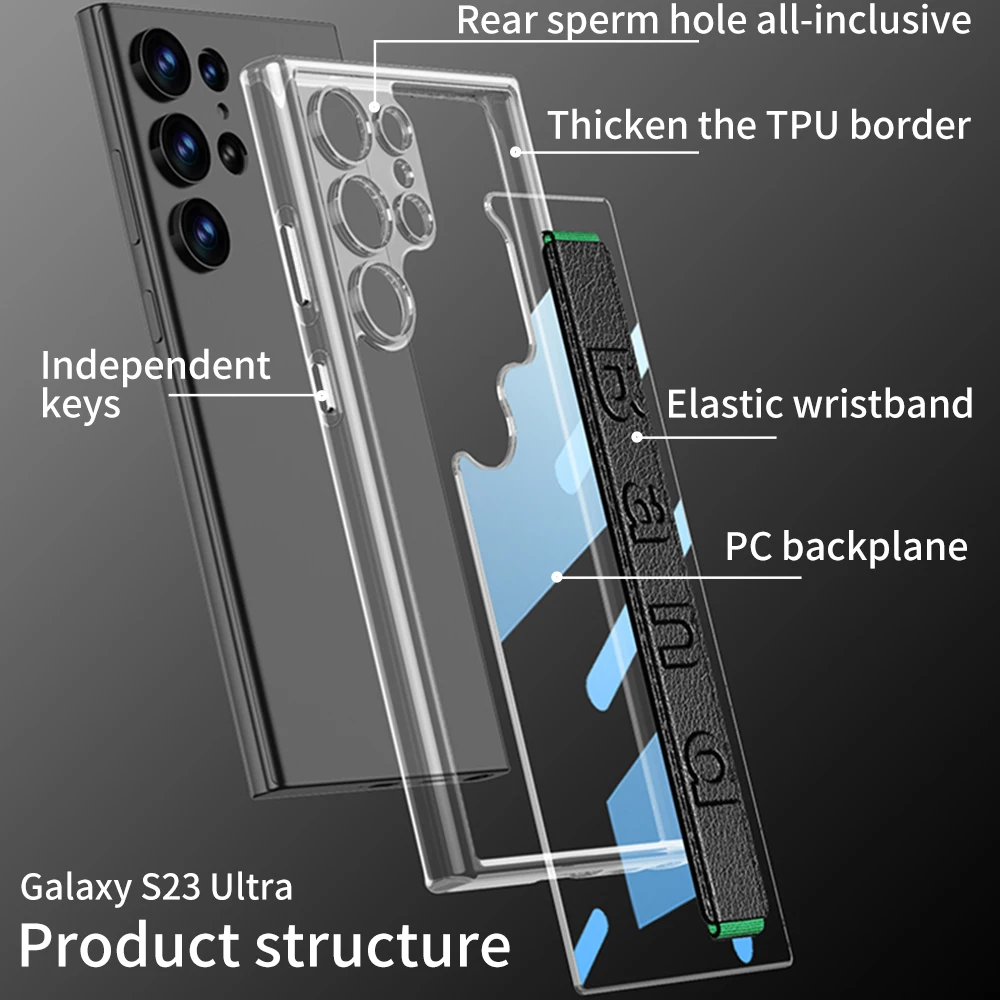 For Samsung Galaxy S24 S23 Ultra Case Transparent With Elastic Wrist Strap All-inclusive Shockproof Hard Back Cover Accessories