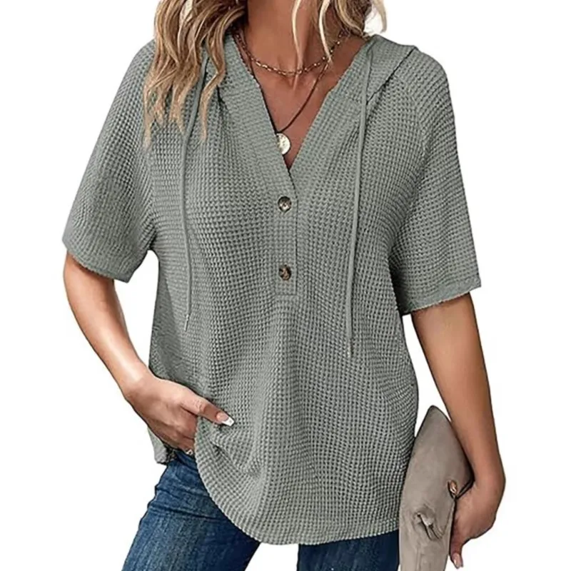 Women's Summer Knitted Short Sleeve Tops Chic Drawstring Hoodies Button V Neck Casual Work Blouses Top Blusas De Mujer Ofertas