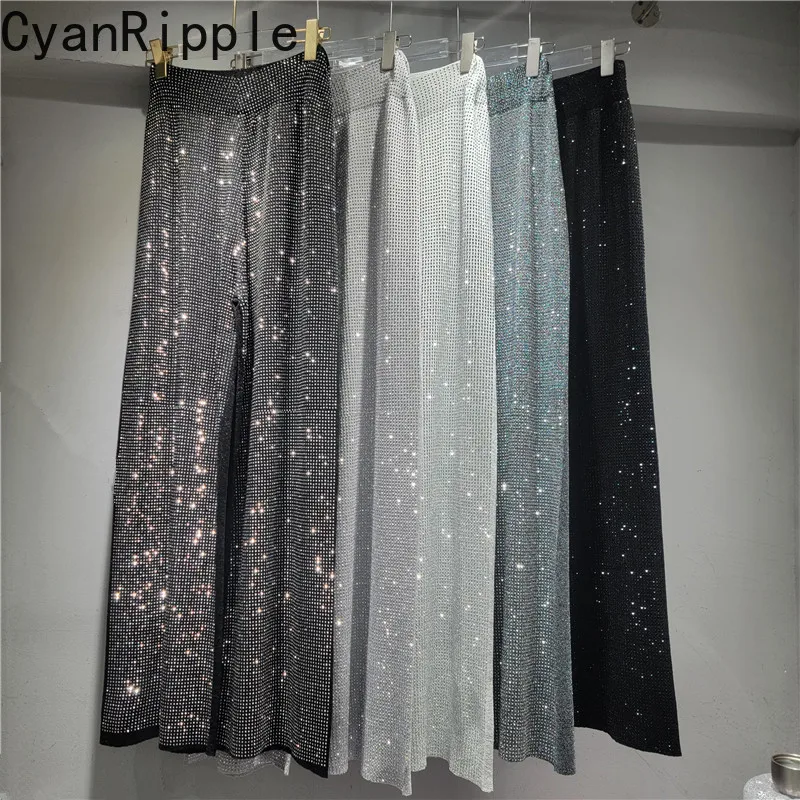 Blingbling Shiny Hot Diamonds Wide Leg Women Trousers Stretch Knitted Straight Pants Floor-length Elastic Waist Casual Pants