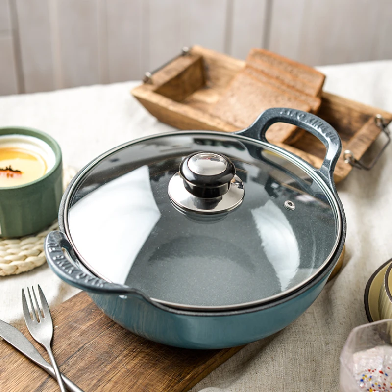 25cm Enamelled Cast Iron Balti Dish with Loop Handle Casserole Dish Heavy Dutch Oven Kitchen Utensil Saucepan