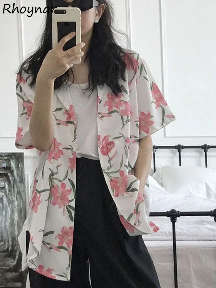 

Short Sleeve Shirts Women Floral Print Loose Casual Streetwear Stylish Japanese Style Fashion All-match Buttons Summer Harajuku