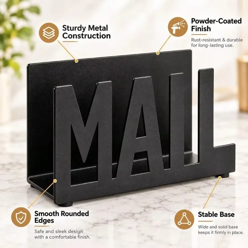 Minimalist Black Metal Mail Organizer, Modern Desktop Letter Holder With Cutout MAIL Design, Decorative Envelope Sorter For Home Office Desk, Entryway Countertop And Small Space Storage